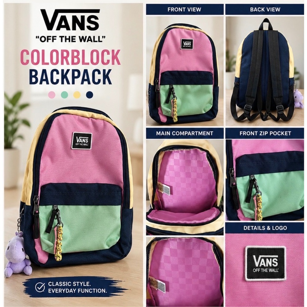 Vans Off The Wall Colorblock Backpack Pink Mint Yellow Navy School Bag